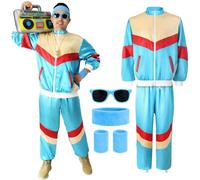Aomig 80s Height of Fashion Shell Suit Costume, 80s Fancy Dress Men Women with Headband Wristbands, 1980s Disco Fancy Dress, 80s 90s Outfits Fashion Retro Tracksuit for Halloween Carnival Party(XL)