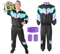 Aomig 80s Height of Fashion Shell Suit Costume, Unisex Adult Retro Tracksuit, Black Green, M/L/XL