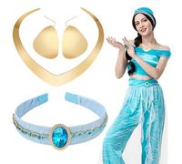 Aomig Arabian Jasmine Princess Costume with Gold Headband, Necklace and Earrings Accessories for Halloween Cosplay Birthday Party Christmas