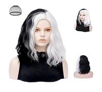 Aomig Black and White Wig - Medium Long Curly Wavy Bob Wig with Hairnet, Half Black Half White, Women Cosplay Fancy Dress Synthetic Carnival Party Costume