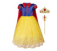 Aomig Girls White Snow Costume, Deluxe White Snow Princess Fancy Dress With Crown Wand and Red Cape, White Snow Princess Dress Up for Girl Birthday Bridesmaid Christmas Carnival Halloween Cosplay(130)