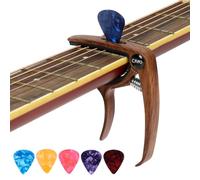 Aomig Guitar Capo Zinc Alloy Capo Metal Guitar Capo Quick-Change Tuner with 6 Picks for Acoustic Classical Electric Guitars Ukulele Mandolin Banjo other string musical instruments(Dark Wood Grain)