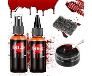 Aomig Halloween Fake Blood Makeup Kit, 4 Pcs Special Effects SFX Makeup with Dripping Blood Spray & Sponge, Realistic Washable Red Fake Blood Gel Zombie Vampire Monster Cosplay Mouth Clothes Dress Up