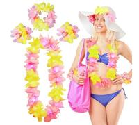 Aomig Hawaiian Garlands Glowing Hawaiian Leis Set, Hawaiian Tropical Beach Fancy Dress Party Decorations Flower Necklace Hawaii Headbands and Bracelets for Adults Kids for Tropical Party(Yellow Pink)