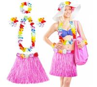 Aomig Hawaiian Grass Skirt, 5 Pcs Hawaiian Garlands, Tropical Fancy Pink Dress Hawaiian Headband Necklace Wristband Flower, 40CM Hawaiian Leis Set for Kids, Adults, Women Summer Beach Tropical Party