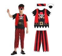 Aomig Kids Pirate Costume Set, Pirate Fancy Dress Costume for Boys, Pirate Capitain Outfit Set Includes Top, Pants, Eyepatch, Headband, Pirate Role Play Dress Up for Birthday Party Holloween(L)