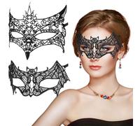 Aomig Masquerade Mask for Women 2 Pcs Venetian Carnival Eye Masks Sexy Black Lace Half-Face Masks for Lady Girls Couples Elegant Party Halloween Mask Ball Fancy Dress Costume Accessories(Bat + Fox)
