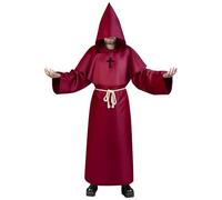 Aomig Monk Costume, 4Pcs Medieval Friar Hooded Monk Cape Renaissance Wizard for Adult Men, Pastor Outfit Priest Robe Costume Halloween Fancy Dress Christmas Party Cosplay Costume(Dark Red-XL)