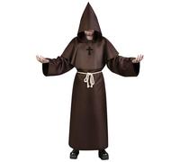 Aomig Monk Costume, 4Pcs Medieval Friar Hooded Monk Cape Renaissance Wizard for Adult Men, Pastor Outfit Priest Robe Costume Halloween Fancy Dress Christmas Party Cosplay Costume (XL~2XL, Black/Brown)