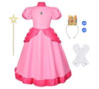 Aomig Peach Princess Costume for Girls, 5 Pcs Peach Fancy Dress Up with Crown Earrings Gloves Brooch Wand, Princess Peach Outfits Dress for Girls for Party Cosplay Birthday Halloween Christmas(100)