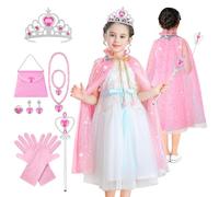 Aomig Princess Cape Set, 11 Pcs Dress Up Clothes for Little Girls, with Cape, Crown, Wand, Jewelry, Bag, Gloves, Dress Up Costume Toys Gifts for Halloween Birthday Party Cosplay, Ages 3+