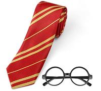 Aomig Red Wizard Striped Tie Glasses Set for World Book Day, School Uniform Accessory, Cosplay Tie for Halloween Christmas Fancy Dress Costume