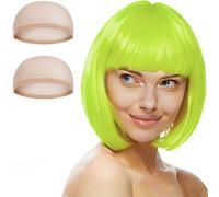 Aomig Short Bob Wig for Women, 3 Pack Short Fluorescent Yellow Bob Wigs Set with 2 Wig Caps, Neon Fancy Dress Accessory Cosplay With Bangs, Synthetic Straight for Daily Halloween Party