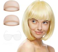 Aomig Short Bob Wig for Women, 4 Pack Short Platinum Blonde Bob Wigs Set with 2 Wig Caps & Sunglass, Neon Fancy Dress Accessory Cosplay With Bangs, Synthetic Straight for Daily Halloween Party
