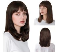 Aomig Short Wave Dark Brown Bob Wigs With Bangs Shoulder Length Short Curly Hair Women's Wig Curly Wavy Synthetic Hair Wigs Ladies Fancy Dress Wig Cosplay Halloween Christmas Daily Party