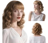 Aomig Short Wave Orange Bob Wigs With Bangs Shoulder Length Short Curly Hair Women's Wig Curly Wavy Synthetic Hair Wigs Ladies Fancy Dress Wig Cosplay Halloween Christmas Daily Party