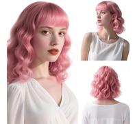 Aomig Short Wave Pink Bob Wigs With Bangs Shoulder Length Short Curly Hair Women's Wig Curly Wavy Synthetic Hair Wigs Ladies Fancy Dress Wig Cosplay Halloween Christmas Daily Party