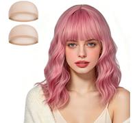 Aomig Short Wave Pink Bob Wigs With Bangs Shoulder Length Short Curly Hair Women's Wig Curly Wavy Synthetic Hair Wigs Ladies Fancy Dress Wig Cosplay Halloween Christmas Daily Party