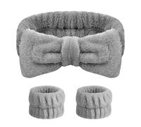 AOMIG Spa Headbands for Women, Fluffy Headband for Washing Face, Elastic Bowknot Hair Bands with 2 Pcs Wrist Straps, Microfiber Elastic Women & Girls' Head Band for Makeup, Shower, Sports(Grey)