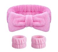AOMIG Spa Headbands for Women, Fluffy Headband for Washing Face, Elastic Bowknot Hair Bands with 2 Pcs Wrist Straps, Microfiber Elastic Women & Girls' Head Band for Makeup, Shower, Sports(Pink)