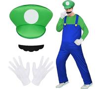 Aomig Super Plumber Costumes 4 Pack Brothers Workman Cosplay Costume Kits with Bodysuit Hats Cap Mustaches White Gloves 1980s Videogame Bros Fancy Dress Outfit Costume for Women Men(Green)