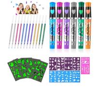 AOMIG Temporary Tattoo Pen, 6 Glitter Tattoo Pen Kit with 12 Refills, 9 Stencils and 5 Stickers, Shimmery Art Marker Pens for Kids and Adults Party Festival Dress Up