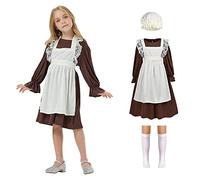 Aomig Victorian Maid Costume for Girls, Medieval Dress with Mop Cap & White Socks, Kids Poor Girl Outfit for Halloween & World Book Day