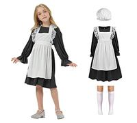 AOMIG Victorian Maid Costume Girls, Village Medieval Dress w/ Mop Cap & White Socks, Kids Victorian Poor Girl Outfit Fancy Dress Costumes Halloween Cosplay, World Book Day, Black (C2-L-Bl230324-FBA)