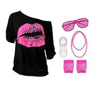 Aomig Women's 80s Costume Accessories Set, 5pcs 80s Fancy Dress Party Retro Costume Accessories for Women Girls, Lips Print T-Shirt with Necklace Fishnet Gloves Neon Blind Glasses for 80s Theme Party…