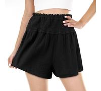Aomig Women's High Waist Ruffle Shorts, Womens Fashion Casual Black Elastic Waist Shorts, Ladies Classic Pleated Lounge Cool Cotton Blend Summer Workout Shorts, Outdoor Sports Beach Wide Leg Shorts L