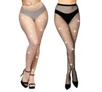 Aomig Womens Sparkly Fishnet Tights, 2Pcs Glitter Fishnet Stockings with Coloured Diamond for Women, Sexy High Waist Sparkly Fine Mesh Stockings, Rhinestone Pantyhose Mesh Glitter Tights for Women