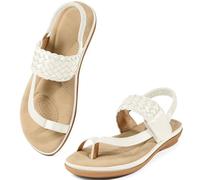 Aomigoct Comfort Womens Flat Sandals: Breathable Insoles & Non-Slip TPR Sole for Everyday Walks - Elastic Ankle Strap & Weaving Design for Casual Outings - Active Women, Beige, 7 UK