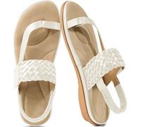 Aomigoct Comfort Womens Flat Sandals: Breathable Insoles & Non-Slip TPR Sole for Everyday Walks - Elastic Ankle Strap & Weaving Design for Casual Outings - Active Women, Beige, 5.5 UK