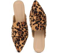 Aomigoct Dress Flat Womens Mules: Elegant Pointed Toe & Bow Suede for Office & Meetings - Lightweight Slip-On for Confidence in All-Day Wear - Ages 28-50, Leopard, 4.5 UK