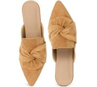 Aomigoct Dress Flat Womens Mules: Elegant Pointed Toe & Bow Suede for Office & Meetings - Lightweight Slip-On for Confidence in All-Day Wear - Ages 28-50, Brown, 8.5 UK
