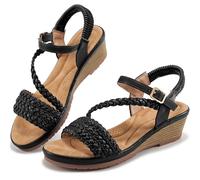 Aomigoct Wedge Sandals for Women Elegant Comfortable Strappy Sandals for Women Platform Sandals - Casual Summer Wedding Hiking Shoes, black, 6.5 UK