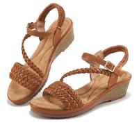 Aomigoct Wedge Sandals for Women Elegant Comfortable Strappy Sandals for Women Platform Sandals - Casual Summer Wedding Hiking Shoes, brown, 8.5 UK