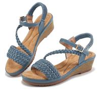 Aomigoct Wedge Sandals for Women Elegant Comfortable Strappy Sandals for Women Platform Sandals - Casual Summer Wedding Hiking Shoes, blue, 8 UK