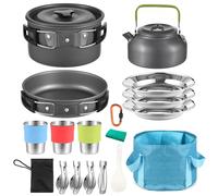 Aomiun Camping Cookware Kit, 22PCS Camping Pot and Pan Set with Camping Kettle Stainless Steel Cups Plates Knives Spoons for Outdoor Cooking and Picnic for 2-3 People