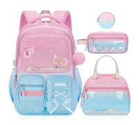 Aomutrsn Girls Backpack with Lunch Box, 4 PCS Kawaii School Bookbag, Cute Aesthetic Elementary Large Backpack for Kids & Teen, Pink Blue, L, Girls Bookbag
