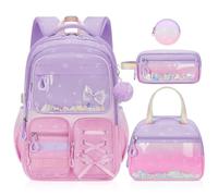 Aomutrsn Girls Backpack with Lunch Box, 4 PCS Kawaii School Bookbag, Cute Aesthetic Elementary Large Backpack for Kids & Teen, Purple Pink, L, Girls Bookbag