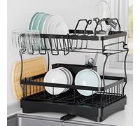 Aonee Dish Drying Rack, 2 Tier Dish Rack with Water Locking Function Drainboard, Pot Rack, Cutlery Holder, Cutting-Board Holder and Cup Holder, Large Dish Racks