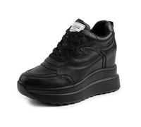 AONEGOLD Wedge Trainers for Women High Platform Chunky Leather Trainers Lace Up Hidden Wedge Heel Trainers 10CM(Black,Size 3)