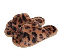 AONEGOLD Women's Slippers Fluffy Soft Plush Slippers Warm Comfy Open Toe Slide Slippers Indoor Slip on Anti-Slip Flat Leopard Print Slippers(Brown,Size 3.5-4)
