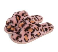 AONEGOLD Women's Slippers Fluffy Soft Plush Slippers Warm Comfy Open Toe Slide Slippers Indoor Slip on Anti-Slip Flat Leopard Print Slippers(Pink,Size 5-6)