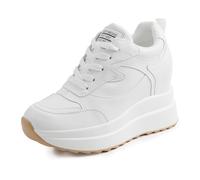 AONEGOLD Women's Wedge Heel Platform Sports Shoe Casual Lace Up Sneakers Leather Fashion Shoes 10cm Heel Inside Rise, White 309, 8 UK