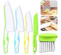 AONELAS 5 Pcs Kids Knives, Kids Safe Cooking Knives, Plastic Kids Kitchen Knife Set with Crinkle Cutter, Serrated Edges Toddler Knife Kids Knives for Real Cooking & Cutting Fruit, Bread, Vegetable