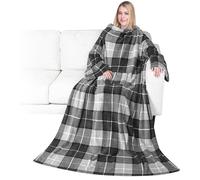 AONELAS PAVILIA Premium Fleece Blanket with Sleeves for Women, Men, Adult | Warm, Cozy, Extra Soft, Microplush, Functional, Lightweight Wearable Throw (Plaid Charcoal, Regular Pocket)
