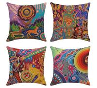 AONELAS Sanwarm Throw Pillow Covers Home Decor Set of 4 Pillow Cases Decorative 16 x 16 Inches Outdoor Cushion Couch Sofa Pillowcases Colorful Circle Doodle Ethnic Leaf