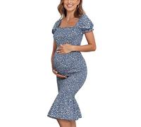 AONESX Maternity Summer Floral Midi Bodycon Dresses, Short Puff Sleeve Square Neck Ruffle Hem Mermaid Baby Shower Dress, Blue, Large